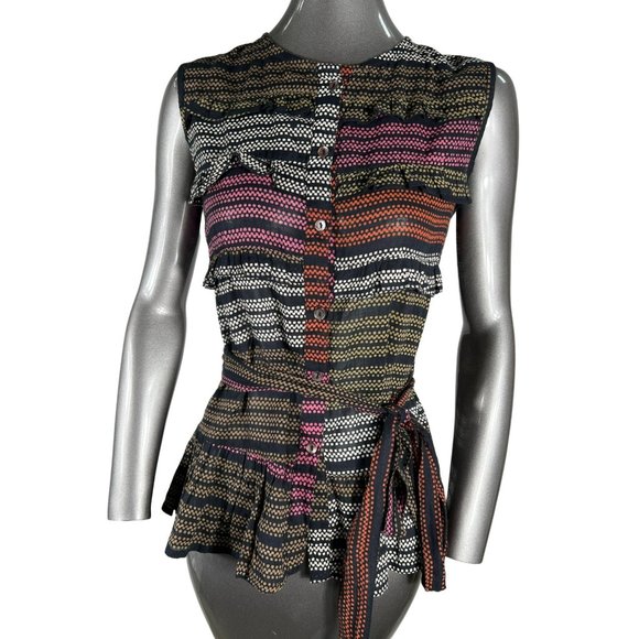 Banjanan Top Tied Sleeveless Stripe Cotton Ruffle Button Blouse Shirt Small - Picture 3 of 5